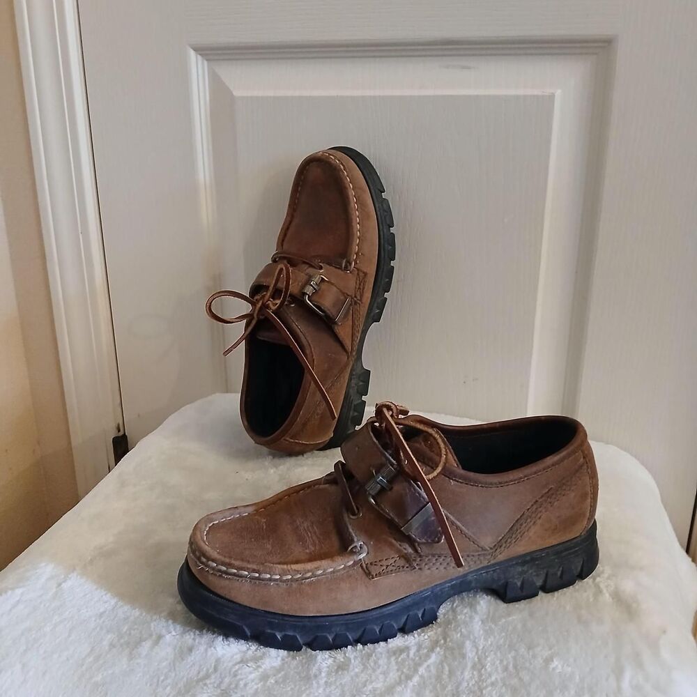 Y2K Vintage Ralph Lauren Brown Leather Buckle Strap Lug Sole Shoes 9 Preppy